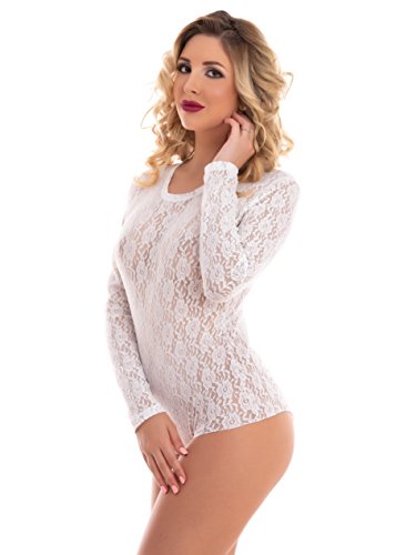 Magi Spitzen-Body | Damenbody aus transparenter Spitze| Langarm Damen Body mit Rundhals |transparenter Unterzieh-Body Größen | Damen Dessous | Top Overal (S, Champagner) von Magi