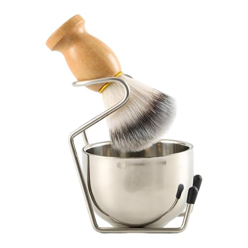 MagiDeal Rasierpinsel für Männer, Rasierbecher mit Ständer, Holzgriff, ergonomisches Design, tragbares Zubehör, 3-in-1-Set, Edelstahlhalter, Style A von MagiDeal
