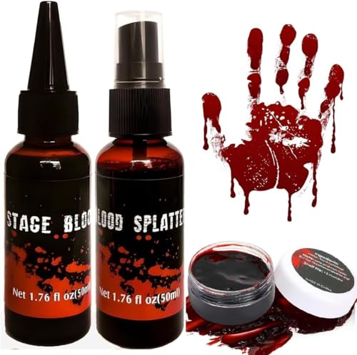 Halloween Kunstblut Set, 50ml Kunstblut Spray und 50ml Tropfendes Kunstblut und 30g Wundschorf Kunstblut,Fake Blood Realistisch,Waschbar Kunstblut Make-up für Kleidung, Zombie, Film, Unfug von MagiSel