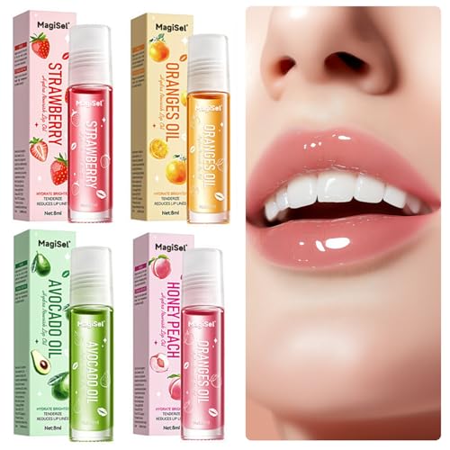 Lip Oil, 4 Stück Fruity Moisturizing Lip Oil, Essence Lip Oil Set,Lippenpflege,Hydrating Jelly Lipstick, Frische Textur Klar Lipgloss Lippen-Make-up,Lip Gloss für Langanhaltend Glossy Pflegende Lippen von MagiSel