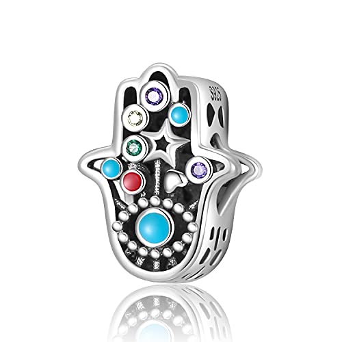 Magic Charms Evil Eye Hamsa Hand Charms 925 Sterling Silber Evil Eye Fátima Bead Pendant Charm para mujer European Snake Dangle Dazzling Charms Bracelet, M-Hamsa Hand von Magic Charms