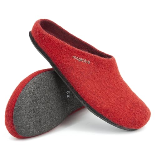 Magicfelt Hausschuhe AN709 für Damen & Herren - natürliche zweifärbige Merinowolle | Pantoffeln mit Rutschfester anatomischer Sohle | Unisex Filzpantoffeln Rubin | 42 von Magicfelt