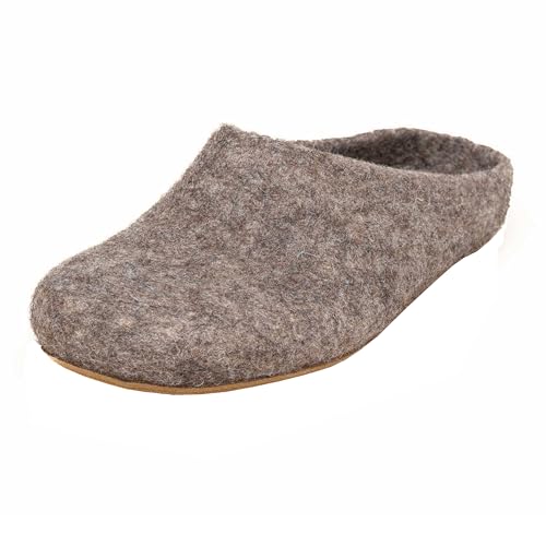 Magicfelt Filz-Hausschuh AR 713 - Damen & Herren Pantoffeln | Aus Wollen seltener Schafrassen - anatomisch geformtes Fußbett - rutschfeste Ledersohle Shetlandschaf Braun | 44 von Magicfelt