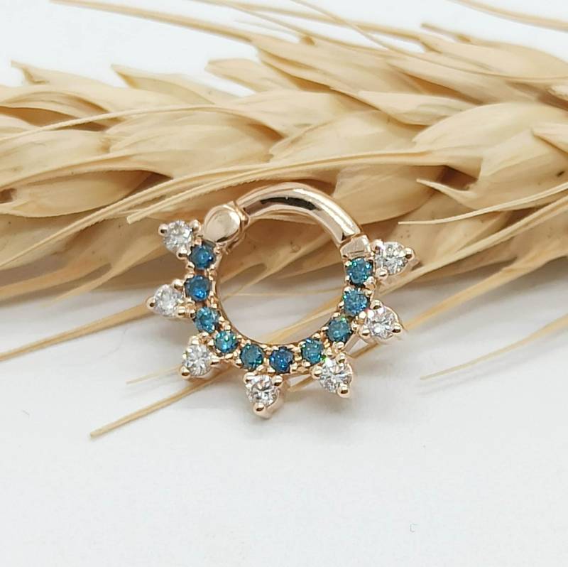 Daith Septum Clicker Blau Weiß Diamanten 14K Solid Gold Nasenring Hoop Helix Ohrring von MagicHammer