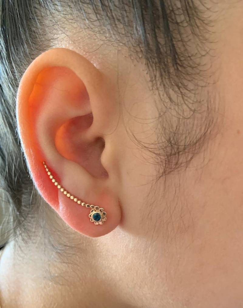 Ohr Kletterer Crawler Ohrringe Schmuck 14K Rose Solid Gold Zarte Haken Blau Topas von MagicHammer