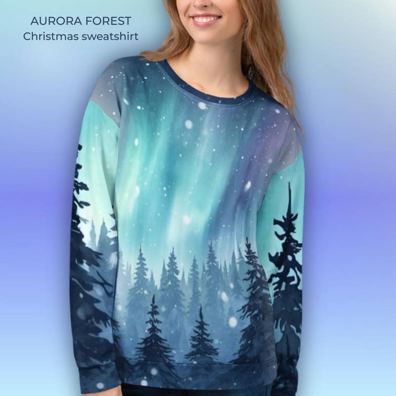 Gemütlicher Weihnachtspulli - Unisex Winter Sweatshirt Mit All Over Print Polarlichter Waldmotiv, Geschenk Für Naturliebhaber von MagicPixelsBoutiq