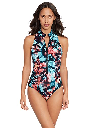 MagicSuit Damen-Bademode, Scuba Coco, hoher Ausschnitt, Racerback, Bügel-Reißverschluss, einteiliger Badeanzug, Schwarz/Multi, 42 von MagicSuit