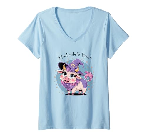 Damen Hocus Pocus Süße Hexenkuh T-Shirt mit V-Ausschnitt Damen Hocus Pocus Süße Hexenkuh T-Shirt mit V-Ausschnitt von Magical Animals Halloween Cute Witch