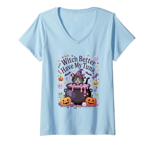 Damen Witch Better Have My Thuna Cat Design T-Shirt mit V-Ausschnitt Damen Witch Better Have My Thuna Cat Design T-Shirt mit V-Ausschnitt von Magical Cat Spooky Art Studio