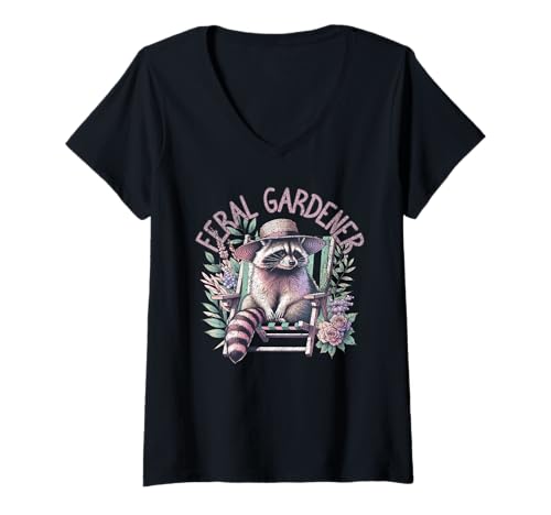 Damen Feral Gardener Funny Gardening Waschbär Pflanze Lady T-Shirt mit V-Ausschnitt Damen Feral Gardener Funny Gardening Waschbär Pflanze Lady T-Shirt mit V-Ausschnitt von Magical Co.