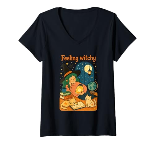 Damen Feeling Witchy Magical Cosy Night Vibes T-Shirt mit V-Ausschnitt Damen Feeling Witchy Magical Cosy Night Vibes T-Shirt mit V-Ausschnitt von Magical Cozy Witch Relaxing Night Vibes