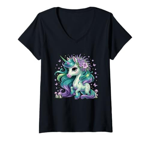 Damen Bezauberndes Einhorn Floral Fantasy Illustration T-Shirt mit V-Ausschnitt Damen Bezauberndes Einhorn Floral Fantasy Illustration T-Shirt mit V-Ausschnitt von Magical Fantasy Unicorn Dreamscape