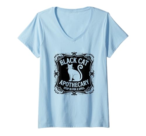 Damen Black Cat Apotheker Stop In for A Spell T-Shirt mit V-Ausschnitt von Magical Feline Potion Shop Enchantment