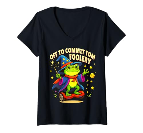 Damen Skurrile Frosch-Zauberer Off to Commit Tom Foolery Meme T-Shirt mit V-Ausschnitt von Magical Frog Humor – Meme & Fantasy Designs