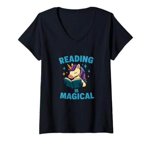 Damen Reading is Magical Einhorn Buch-Design T-Shirt mit V-Ausschnitt Damen Reading is Magical Einhorn Buch-Design T-Shirt mit V-Ausschnitt von Magical Reads and Unicorn Vibes