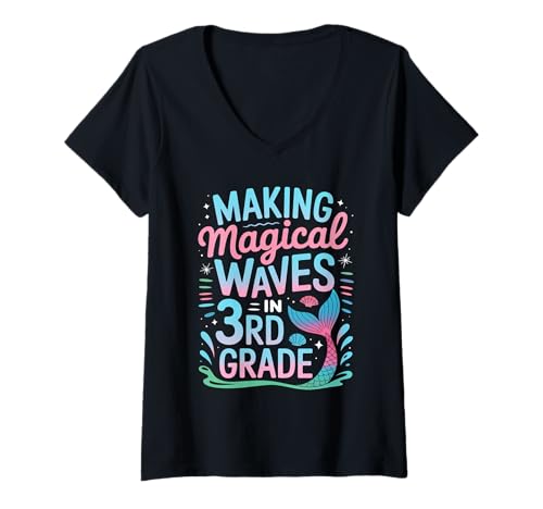 Damen Magische Wellen Schlagen in der dritten Klasse, Meerjungfrau, Zurück zur Schule T-Shirt mit V-Ausschnitt von Magical School Fun Days