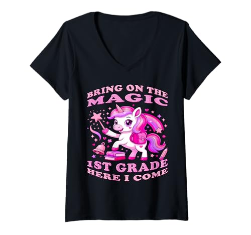 Damen 1st Grade Girls Are Magical - Rainbow Unicorn Vibes T-Shirt mit V-Ausschnitt Damen 1st Grade Girls Are Magical - Rainbow Unicorn Vibes T-Shirt mit V-Ausschnitt von Magical School Outfits for Girls Back To Class