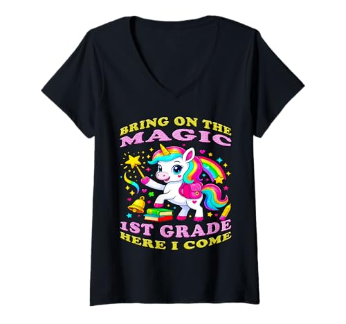 Damen Bring On The Magic 1st Grade Unicorn Back to School Art T-Shirt mit V-Ausschnitt Damen Bring On The Magic 1st Grade Unicorn Back to School Art T-Shirt mit V-Ausschnitt von Magical School Outfits for Girls Back To Class