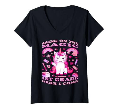 Damen Magische 1. Klasse Abenteuer Back to School Rainbow Art T-Shirt mit V-Ausschnitt Damen Magische 1. Klasse Abenteuer Back to School Rainbow Art T-Shirt mit V-Ausschnitt von Magical School Outfits for Girls Back To Class