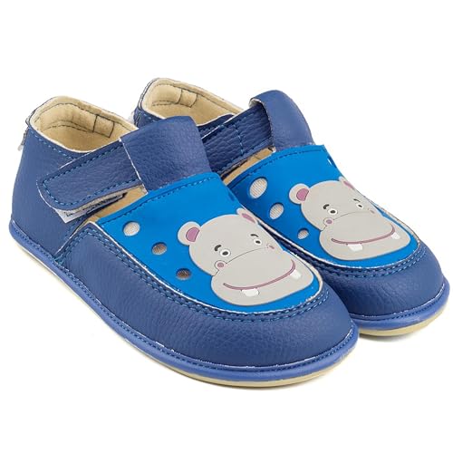 Magical Shoes Barfußschuhe Kinder, Barefoot Kids, weiche Lauflernschuhe Leder, handgefertigte Krabbelschuhe mit Klettverschluss für Frühling – Herbst, Babyschuhe, Gr. 22, Gaga – Hippo Blau Vegan von Magical Shoes