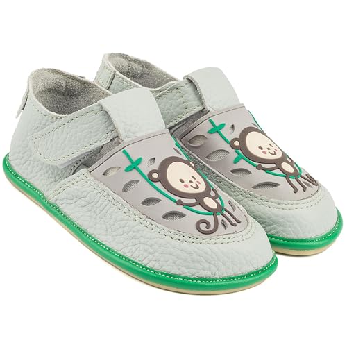 Magical Shoes Barfußschuhe Kinder Mädchen, Barefoot Girls, Lauflernschuhe, Krabbelschuhe für Kinder, Lederschuhe mit Klettverschluss, minimalistisch Schuhe, Gr. 21, Gaga – Monkey Grau von Magical Shoes