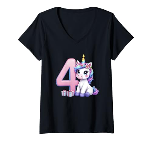 Damen Einhorn Geburtstag 4. Feier T-Shirt mit V-Ausschnitt Damen Einhorn Geburtstag 4. Feier T-Shirt mit V-Ausschnitt von Magical Unicorn Age Celebration Click Here 4 More