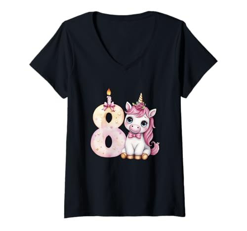 Damen Einhorn Geburtstag Magie Zahl 8 T-Shirt mit V-Ausschnitt von Magical Unicorn Age Celebration Click Here 4 More