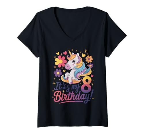 Damen It's My 8th Birthday Unicorn T-Shirt mit V-Ausschnitt von Magical Unicorn Birthday Celebration