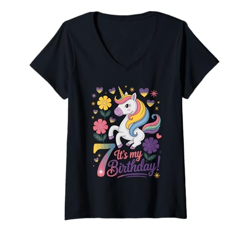 Damen Einhorn 7 Geburtstag Feier T-Shirt mit V-Ausschnitt Damen Einhorn 7 Geburtstag Feier T-Shirt mit V-Ausschnitt von Magical Unicorn Birthday Party Fantasy
