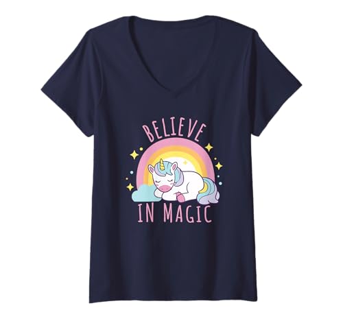 Damen Believe In Magic Einhorn, Regenbogen-Fantasy-Kunst T-Shirt mit V-Ausschnitt Damen Believe In Magic Einhorn, Regenbogen-Fantasy-Kunst T-Shirt mit V-Ausschnitt von Magical Unicorn Dreams