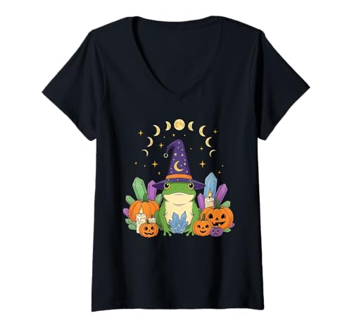 Damen Süßer Hexenfrosch Kristalle Kürbisse Wicca Gothic T-Shirt mit V-Ausschnitt Damen Süßer Hexenfrosch Kristalle Kürbisse Wicca Gothic T-Shirt mit V-Ausschnitt von Magical Witchy Frog Pumpkin Spooky Halloween