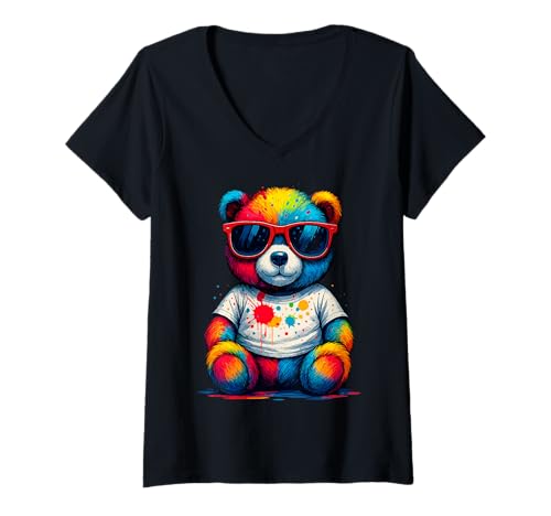 Damen Bunter Teddybär mit Sonnenbrille T-Shirt mit V-Ausschnitt von Magical and Funny Bear lover Gifts