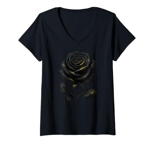 Damen Schwarze Rose mit Glitzer T-Shirt mit V-Ausschnitt Damen Schwarze Rose mit Glitzer T-Shirt mit V-Ausschnitt von Magical and Funny Rose lover Gifts
