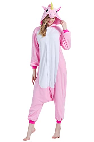 Magicalani Einteiler für Erwachsene, Unisex, Halloween, Tierkostüm, Nachtwäsche für Damen und Herren, bequemes und lustiges Cosplay-Outfit, Rosa, Einhorn, L von Magicalani