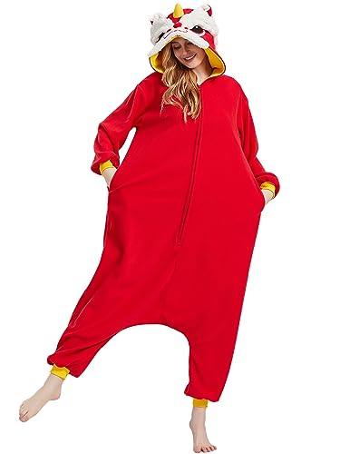 Magicalani Unisex Erwachsene Tier Onesie Pyjama Damen Herren Anime Cosplay Nachtwäsche Einteiler Halloween Kostüm, Chinesischer Löwe, M von Magicalani
