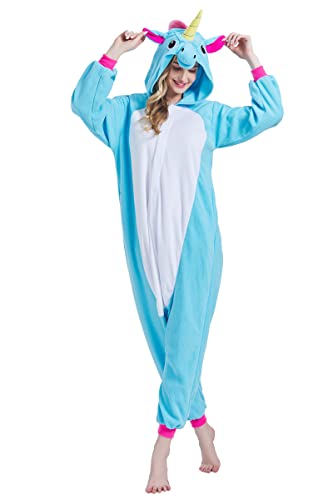 Magicalani Einteiler für Erwachsene, Unisex, Halloween, Tierkostüm, Nachtwäsche für Damen und Herren, bequemes und lustiges Cosplay-Outfit, Blau, Einhorn, M von Magicalani