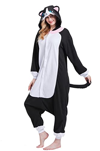 Unisex Erwachsene Tier Onesie Pyjama Damen Herren Anime Cosplay Nachtwäsche Einteiler Halloween Kostüm, schwarze katze, L von Magicalani