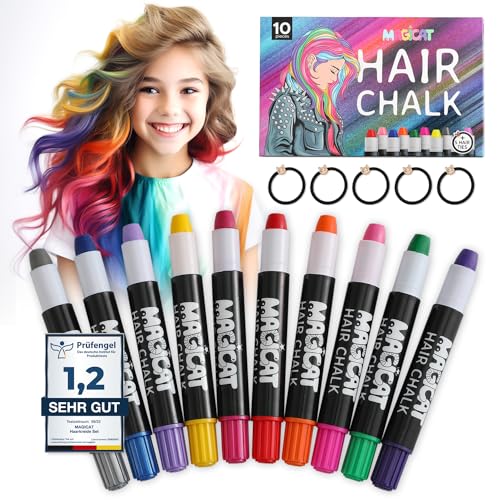 Magicat Premium Haarkreide für Mädchen Set I 10 Farben & 5 Haargummis I Auswaschbar & Ungiftig I Ideal für Kreativität & Spaß I Haarkreide für Kinder I Prüfengel Institut Note 1,2 von Magicat