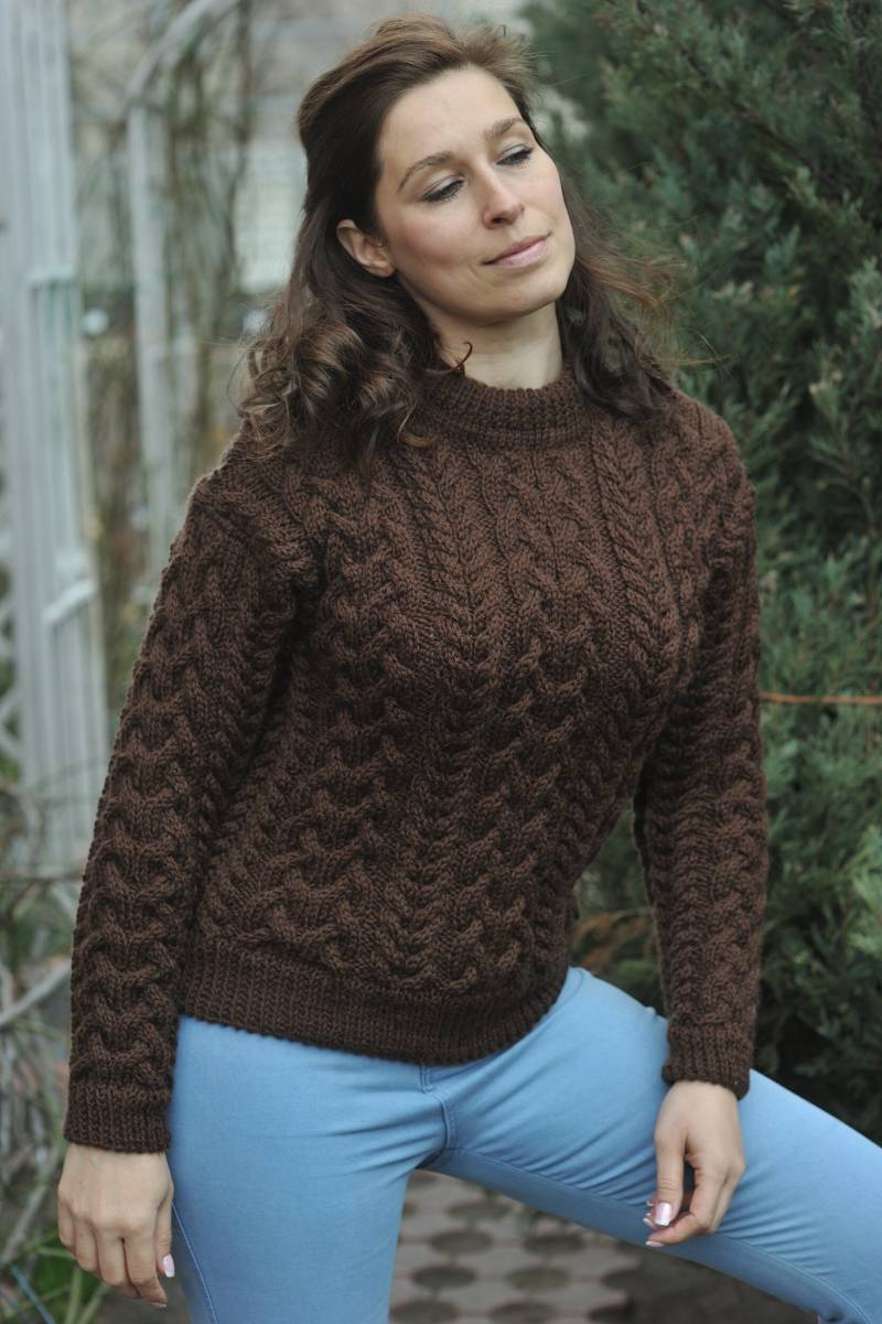 Zopfmuster Pullover 100% Merino Damen Wolle Rollkragenpullover Brauner Damenpullover von MagicclewByLesia