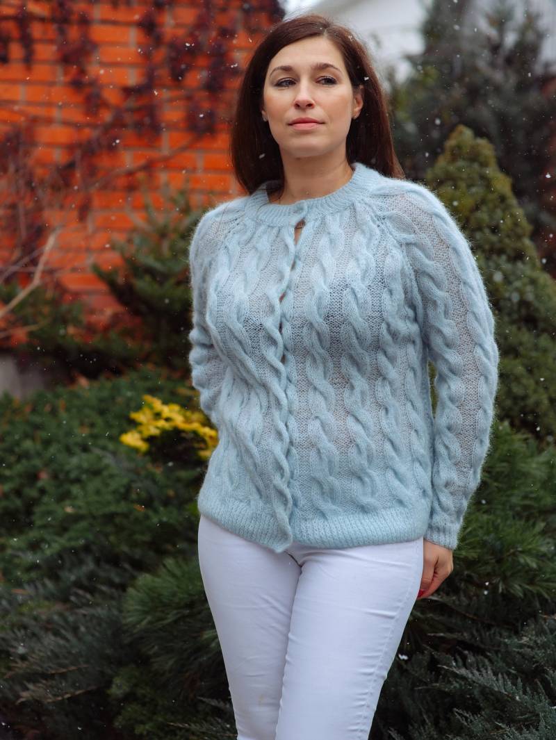 Mohair Zopfmuster Strickjacke Blau Damenpullover Handgestrickter Pullover. Braut Strickjacke. Jacke. Damen Strickmode von MagicclewByLesia