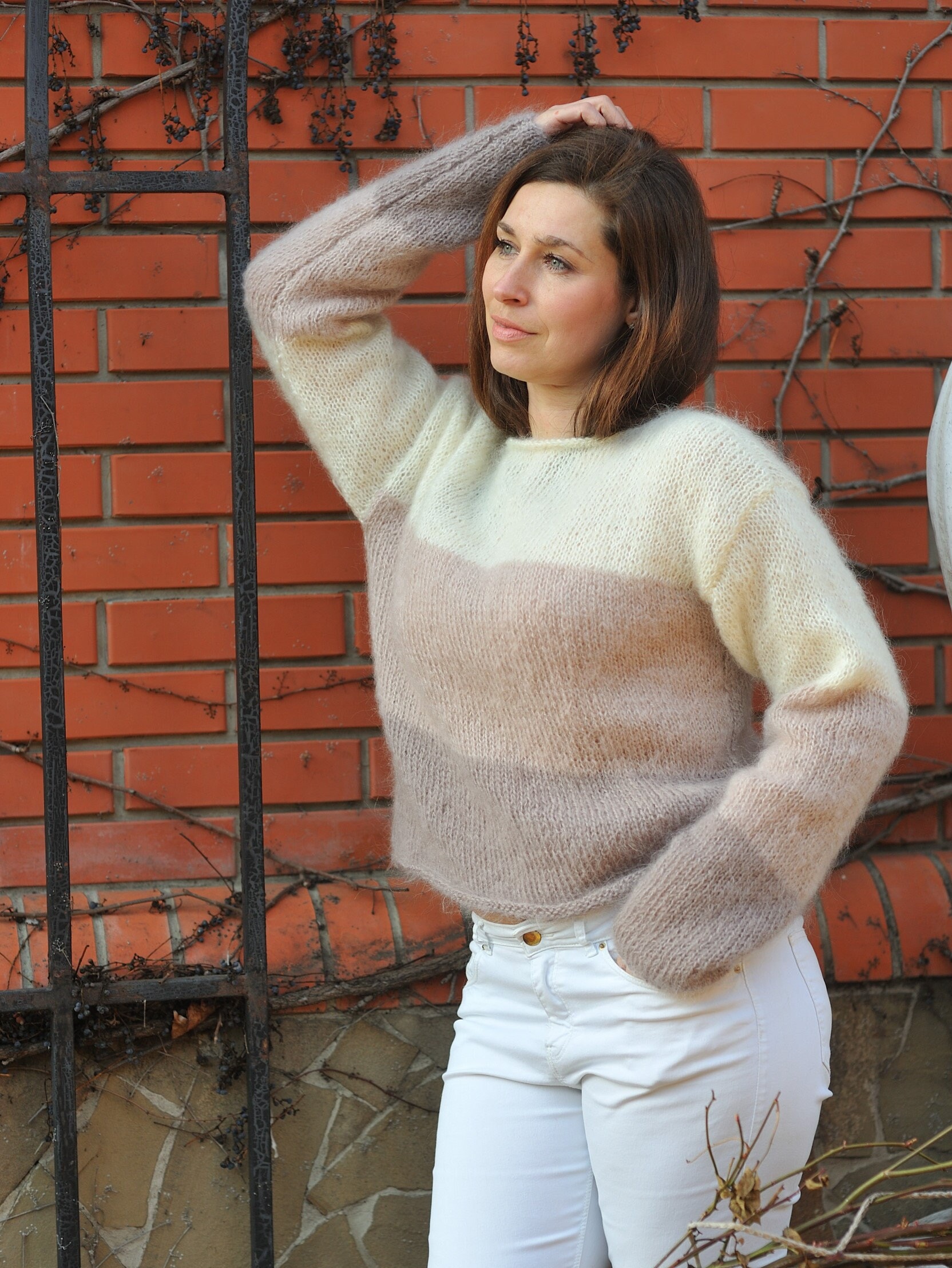 Mohair Pullover Wollpullover Damen Handmade Top Trendy Tick Versandfertig von MagicclewByLesia