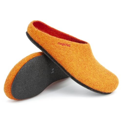 Magicfelt Hausschuhe AN709 für Damen & Herren - zweifärbige Merinowolle | Pantoffeln mit Rutschfester anatomischer Sohle | Unisex Filzpantoffeln Orange | 39 von Magicfelt