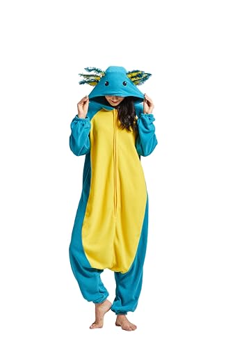 Magicmode Unisex Kigurumi Jumpsuit Tier Pyjamas Kostüm Fasching Onesie Damen Herren Karneval Cosplay Nachtwäsche, Blauer Salamander von Magicmode