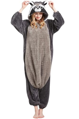 Magicmode Unisex Pyjamas Jumpsuit Tierkostüm Grauer Waschbär Arktischer Samt Onesie Damen Herren Karneval Nachtwäsche von Magicmode