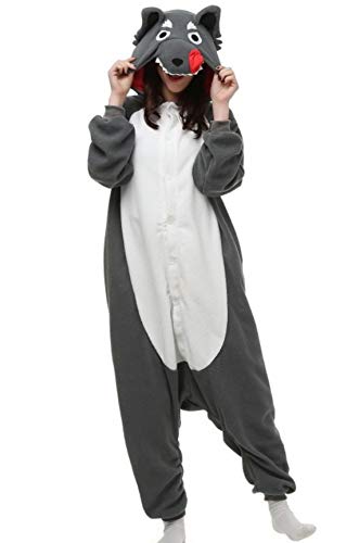 Unisex Kigurumi Jumpsuit Tier Pyjamas Kostüm Fasching Onesie Damen Herren Karneval Cosplay Nachtwäsche, Grau Wolf von Magicmode