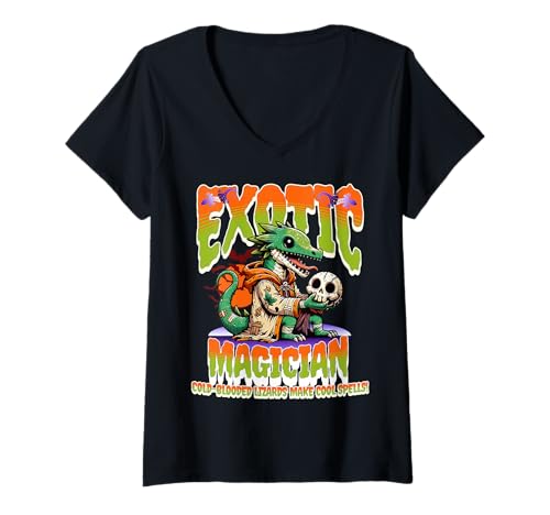 Damen Exotischer Echsenzauberer Witziger Magier Reptil T-Shirt mit V-Ausschnitt Damen Exotischer Echsenzauberer Witziger Magier Reptil T-Shirt mit V-Ausschnitt von Magie Reptilien Zauberei Fantasie Nerds