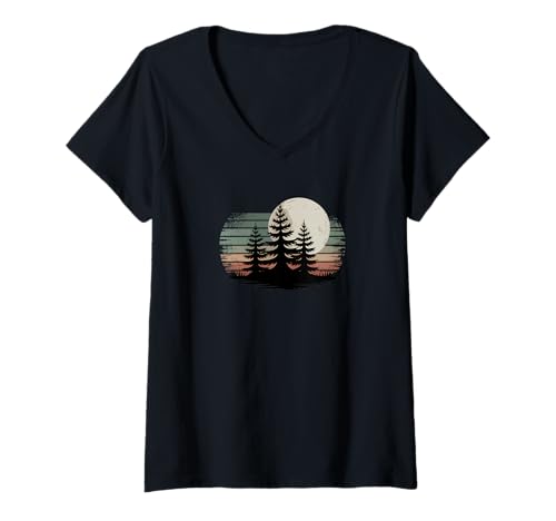 Damen Mond Vintage Wald Wilde Tiere Silhouette Nacht T-Shirt mit V-Ausschnitt Damen Mond Vintage Wald Wilde Tiere Silhouette Nacht T-Shirt mit V-Ausschnitt von Magie de la Nature - Vêtements Inspirés des