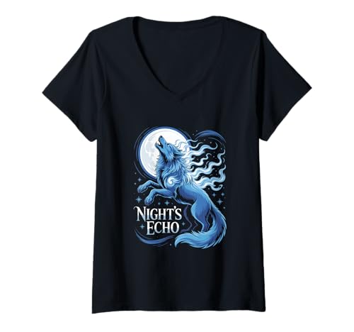 Damen Night's Echo Wolf Vollmond Magie T-Shirt mit V-Ausschnitt von Magischer Wolf Mondnacht Atmosphäre