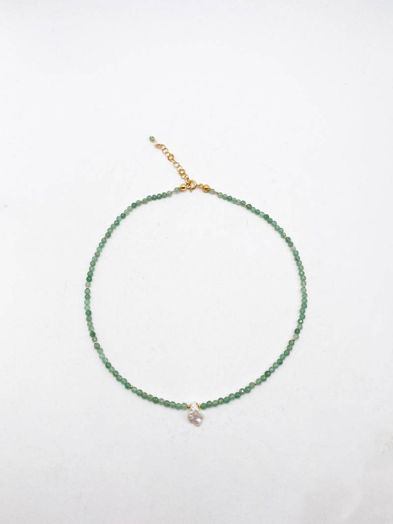 Handgemachte Kette Mit Perle Und Grünem Aventurin 925 Silber Kugeln Verschluss Vergoldet von MagnetBerlin