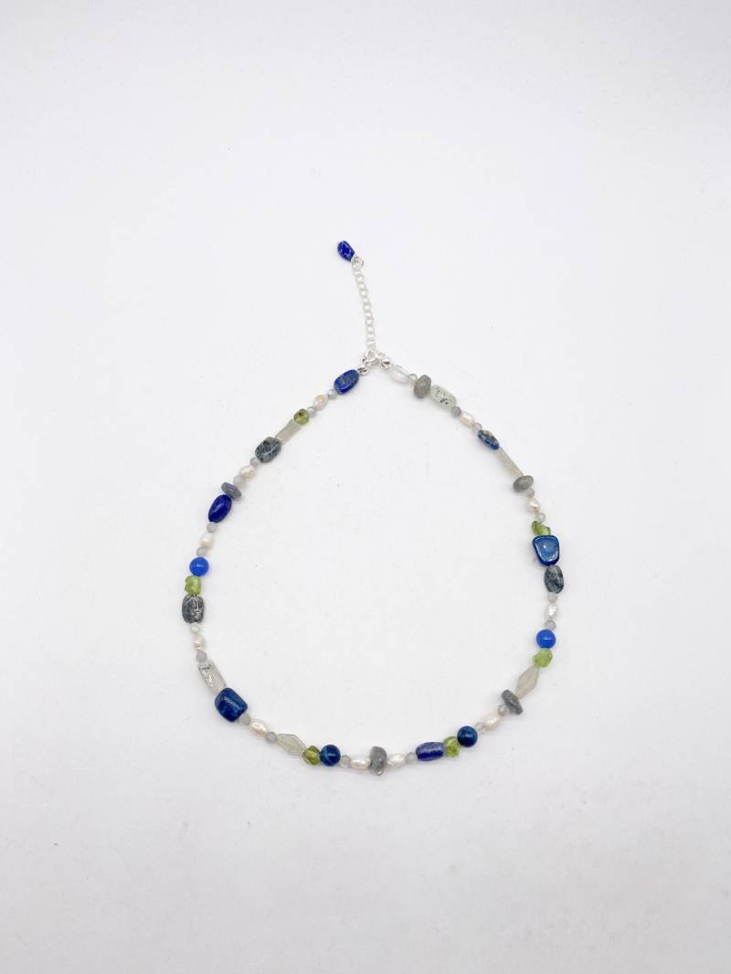 Kette Mit Bunten Edelsteinen Und 925 Silberverschluss Peridot, Labradorit, Lapislazuli, Perle - Neu Zusammengesetzt von MagnetBerlin